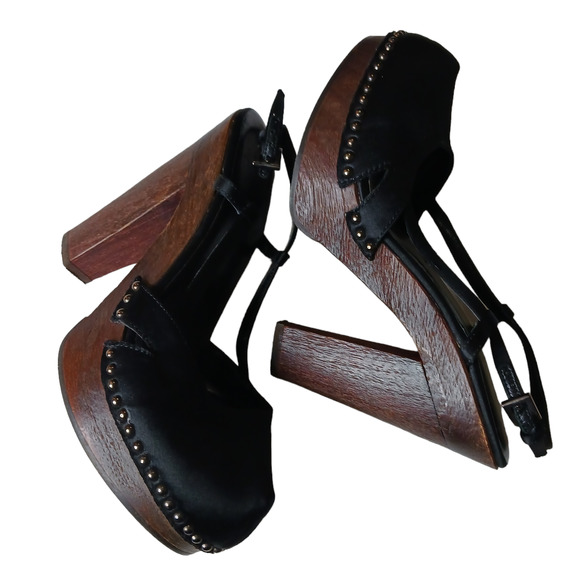 PRADA Wood Heels Black Satin Platform Closed Toe Bronze Studs Size 38.5 - Picture 3 of 14